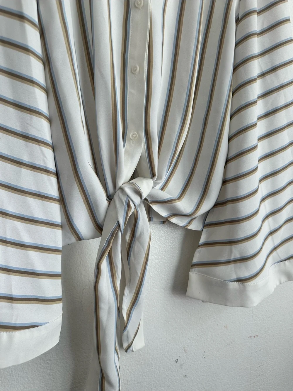 Striped Tie-Front Blouse in Ivory and Taupe - Picture 2 of 5